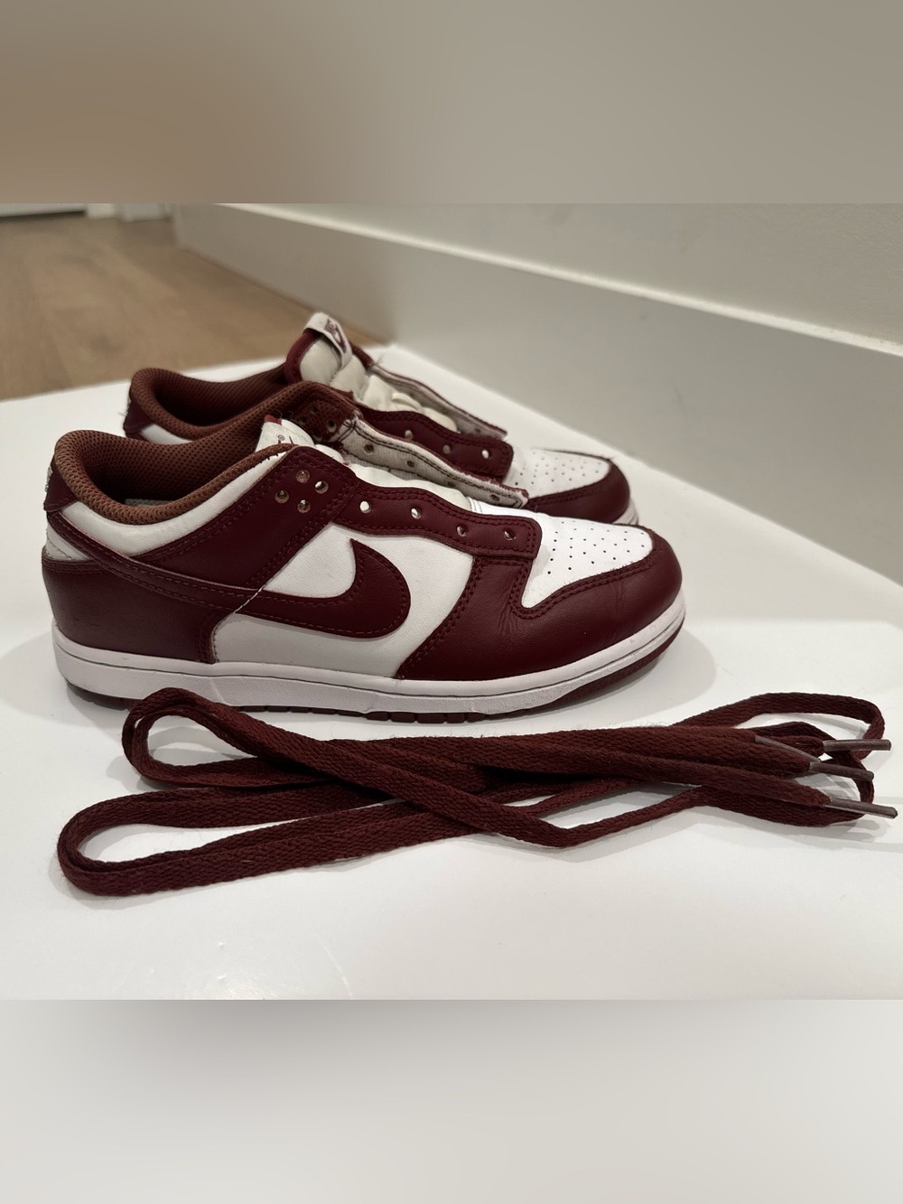 Nike Dunk Low Burgundy White Grade School Sneakers Size 3Y